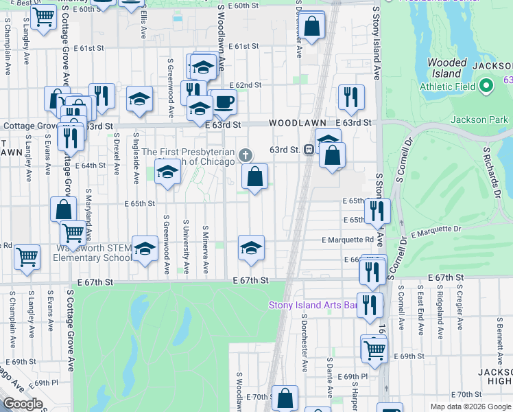 map of restaurants, bars, coffee shops, grocery stores, and more near 6501 South Kimbark Avenue in Chicago