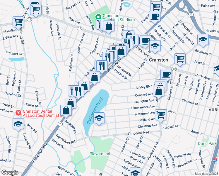 map of restaurants, bars, coffee shops, grocery stores, and more near 150 Shirley Boulevard in Cranston