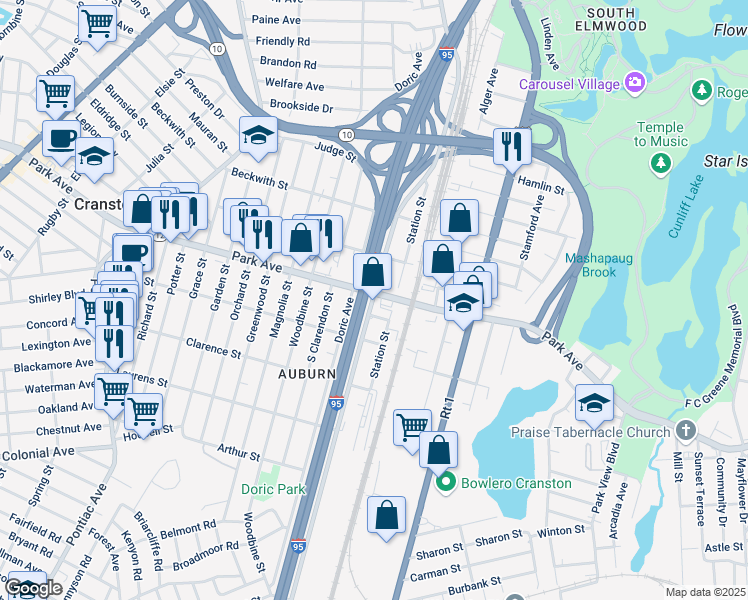 map of restaurants, bars, coffee shops, grocery stores, and more near 632 Park Avenue in Cranston