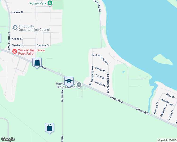 map of restaurants, bars, coffee shops, grocery stores, and more near 714 West Humphrey Avenue in Rock Falls