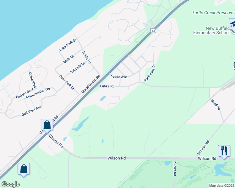 map of restaurants, bars, coffee shops, grocery stores, and more near 13227 Country Lane in New Buffalo