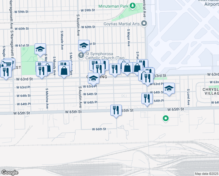 map of restaurants, bars, coffee shops, grocery stores, and more near 5758 West 64th Street in Chicago