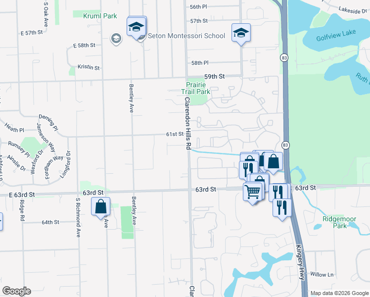 map of restaurants, bars, coffee shops, grocery stores, and more near 301 Chatelaine Court in Willowbrook