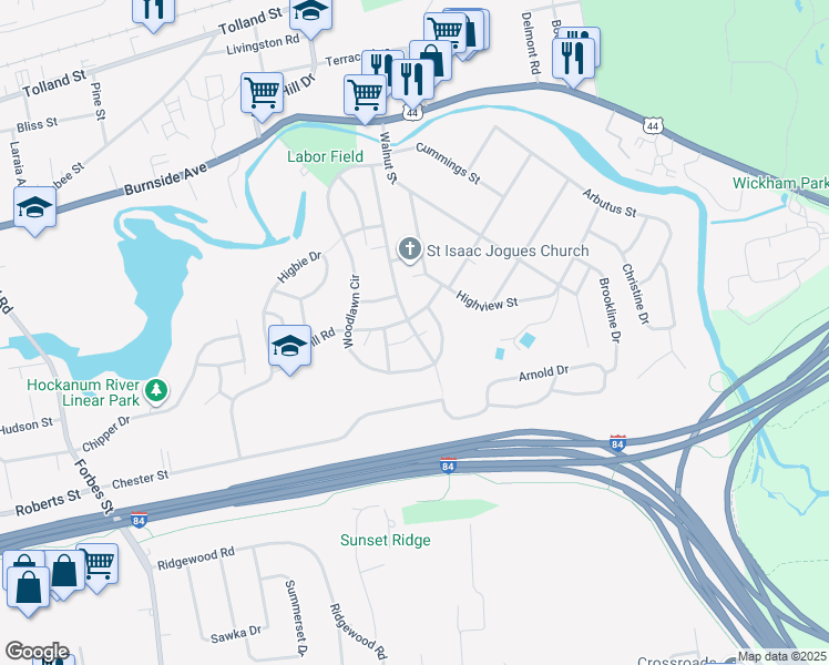 map of restaurants, bars, coffee shops, grocery stores, and more near 116 Cannon Road in East Hartford