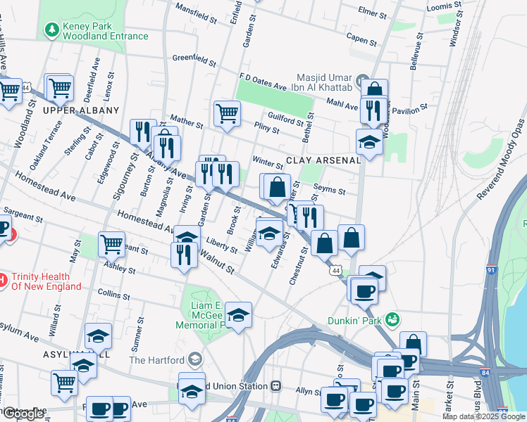 map of restaurants, bars, coffee shops, grocery stores, and more near 99 Williams Street in Hartford