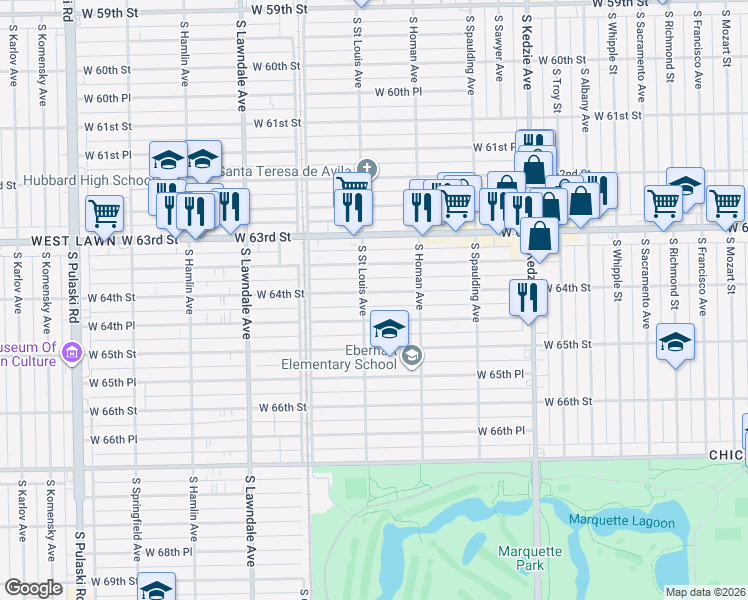 map of restaurants, bars, coffee shops, grocery stores, and more near 3440 West 64th Place in Chicago
