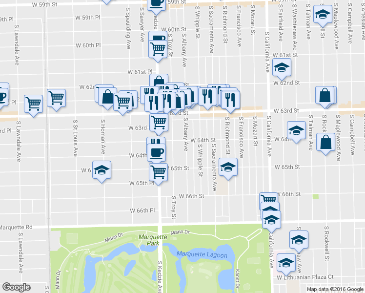 map of restaurants, bars, coffee shops, grocery stores, and more near 6410 South Albany Avenue in Chicago