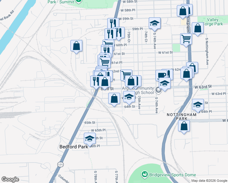 map of restaurants, bars, coffee shops, grocery stores, and more near 7620 West 63rd Place in Summit