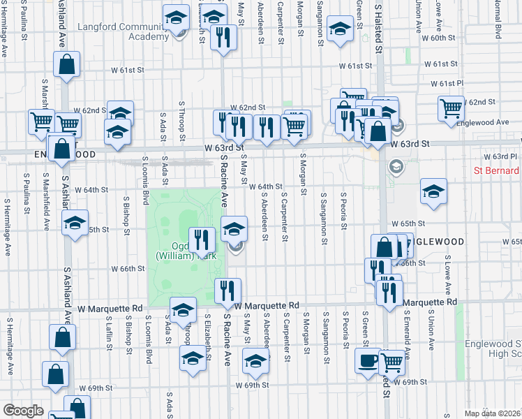 map of restaurants, bars, coffee shops, grocery stores, and more near 6432 South Aberdeen Street in Chicago