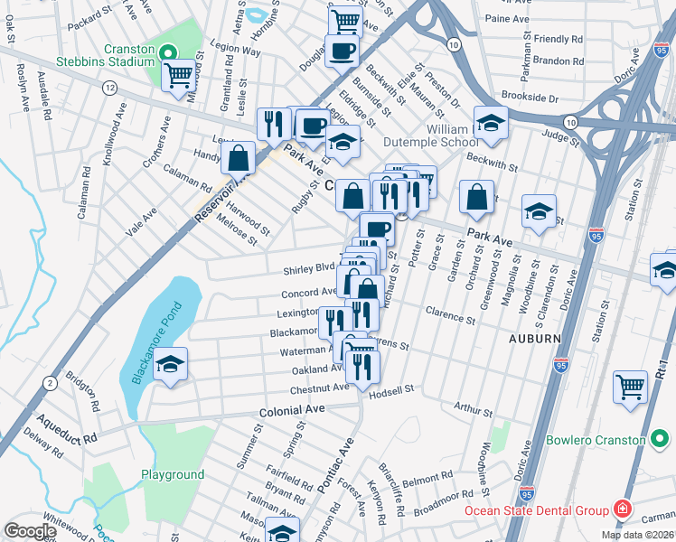 map of restaurants, bars, coffee shops, grocery stores, and more near 10 Shirley Boulevard in Cranston