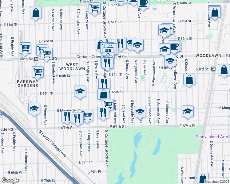 map of restaurants, bars, coffee shops, grocery stores, and more near S Maryland Ave & E 65th St in Chicago