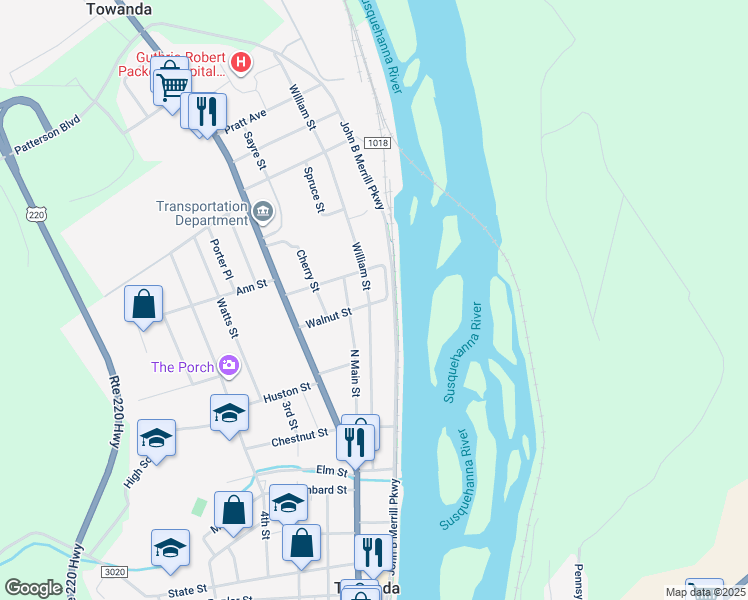 map of restaurants, bars, coffee shops, grocery stores, and more near 200 William Street in Towanda
