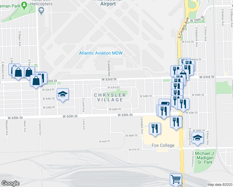 map of restaurants, bars, coffee shops, grocery stores, and more near 5210 West 64th Street in Chicago