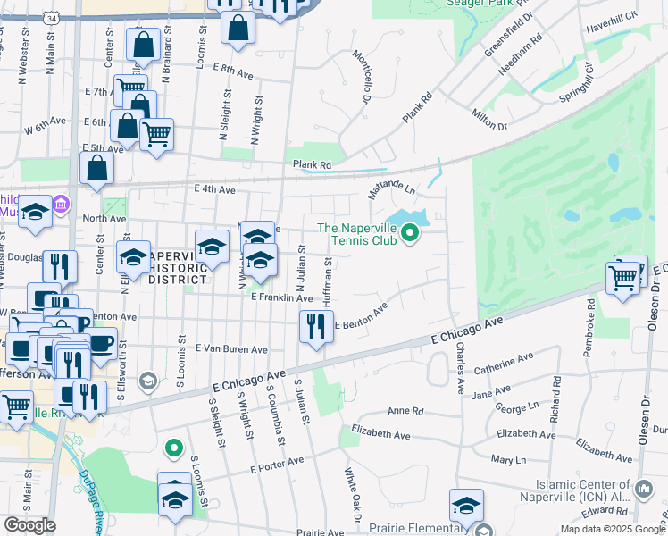 map of restaurants, bars, coffee shops, grocery stores, and more near 129 North Huffman Street in Naperville