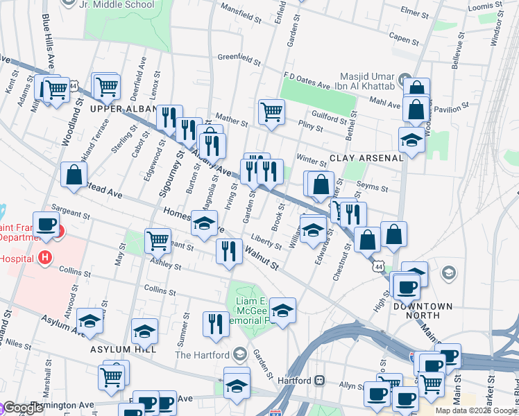 map of restaurants, bars, coffee shops, grocery stores, and more near 29 Bedford Street in Hartford