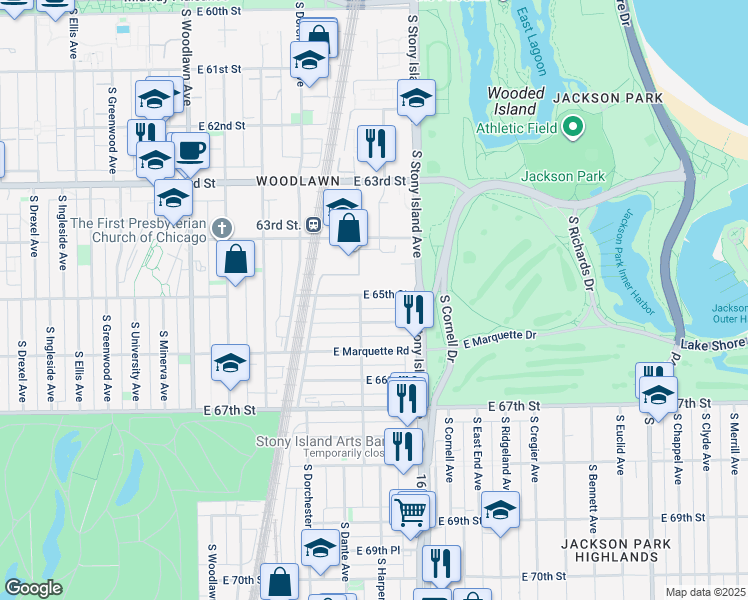 map of restaurants, bars, coffee shops, grocery stores, and more near 1521 East 65th Street in Chicago