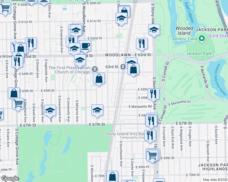 map of restaurants, bars, coffee shops, grocery stores, and more near 6511 South Kenwood Avenue in Chicago