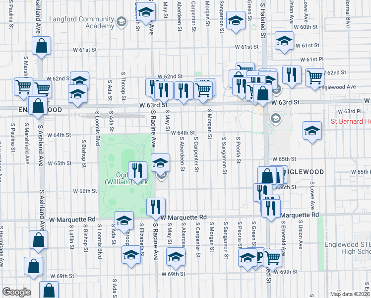 map of restaurants, bars, coffee shops, grocery stores, and more near 6444 South Carpenter Street in Chicago