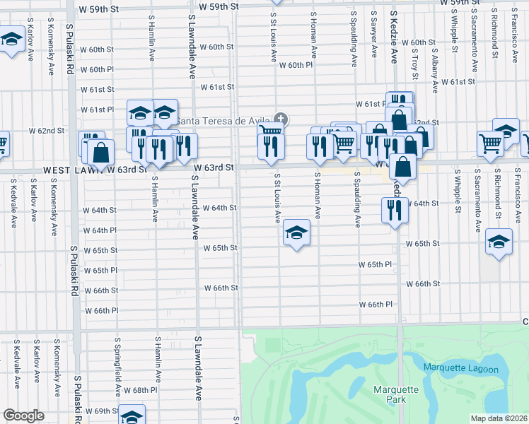 map of restaurants, bars, coffee shops, grocery stores, and more near 3512 West 64th Place in Chicago
