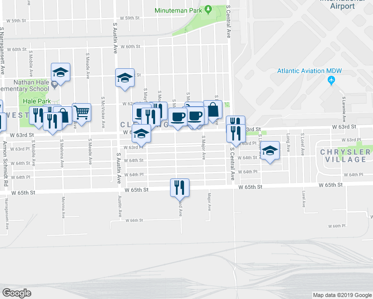 map of restaurants, bars, coffee shops, grocery stores, and more near 5722 West 64th Street in Chicago