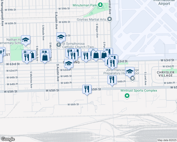 map of restaurants, bars, coffee shops, grocery stores, and more near 5758 West 64th Street in Chicago