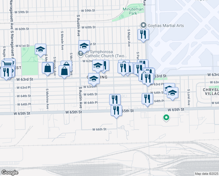 map of restaurants, bars, coffee shops, grocery stores, and more near 5758 West 64th Street in Chicago