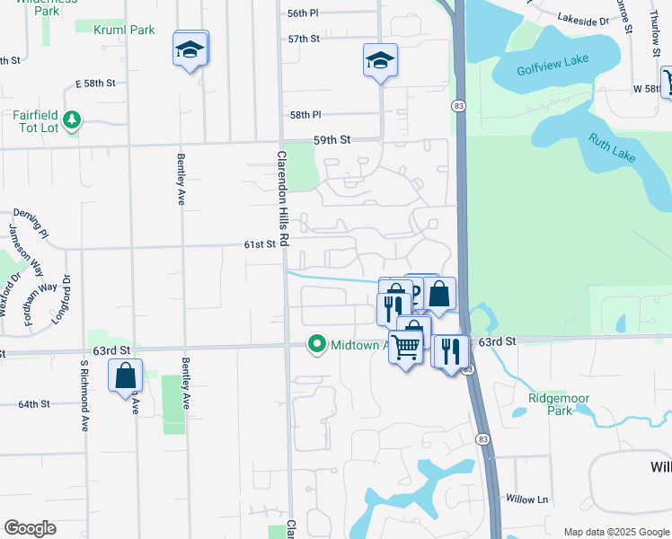 map of restaurants, bars, coffee shops, grocery stores, and more near 208 Brookside Lane in Willowbrook
