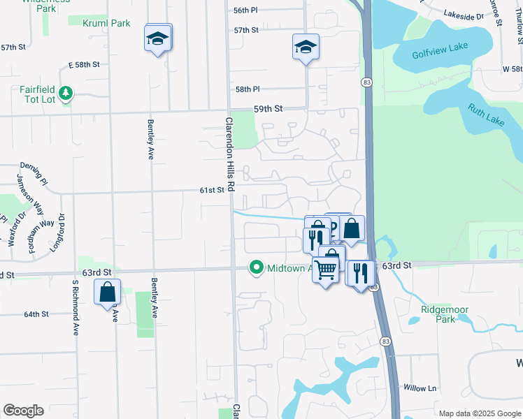 map of restaurants, bars, coffee shops, grocery stores, and more near 248 Brookside Lane in Willowbrook