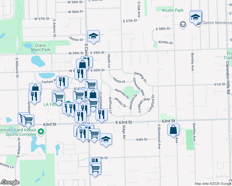 map of restaurants, bars, coffee shops, grocery stores, and more near 116 Ainslie Drive in Westmont