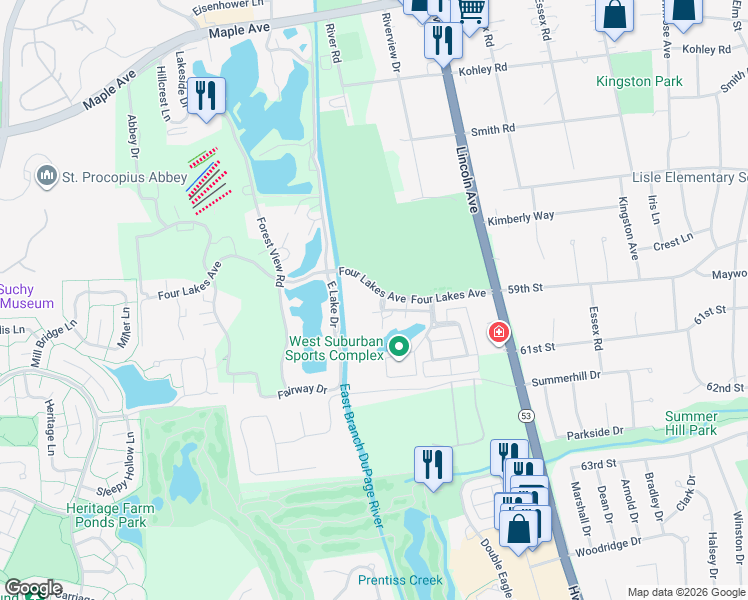 map of restaurants, bars, coffee shops, grocery stores, and more near 1252 Lake Shore Drive in Lisle