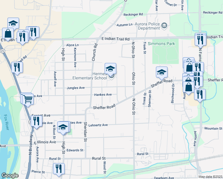 map of restaurants, bars, coffee shops, grocery stores, and more near 930 Hankes Avenue in Aurora