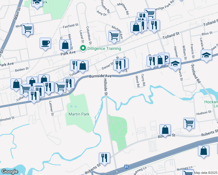 map of restaurants, bars, coffee shops, grocery stores, and more near 30 Hillside Street in East Hartford