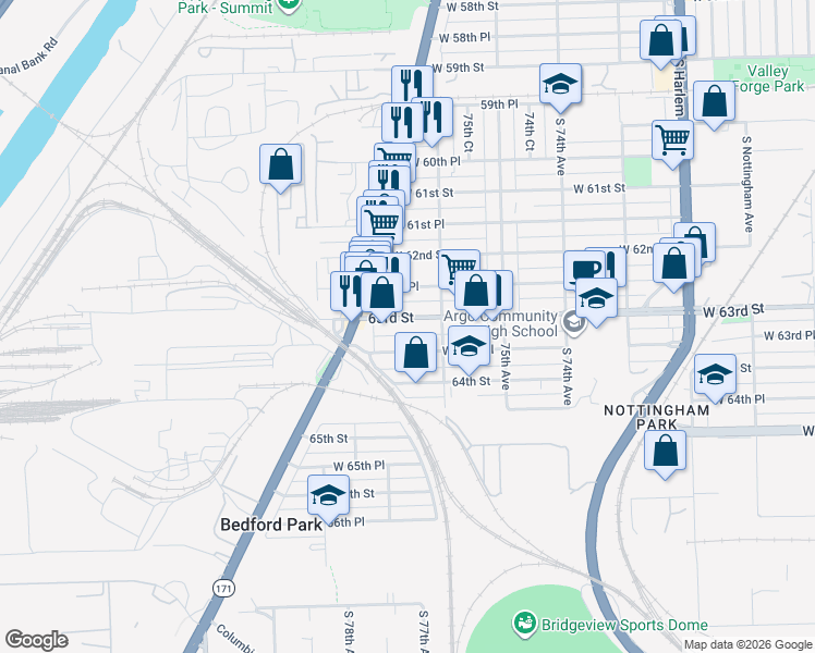 map of restaurants, bars, coffee shops, grocery stores, and more near 7620 West 63rd Place in Summit