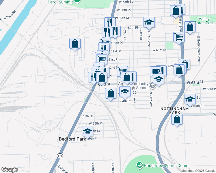 map of restaurants, bars, coffee shops, grocery stores, and more near 7620 West 63rd Place in Summit