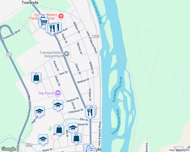 map of restaurants, bars, coffee shops, grocery stores, and more near 200 William Street in Towanda