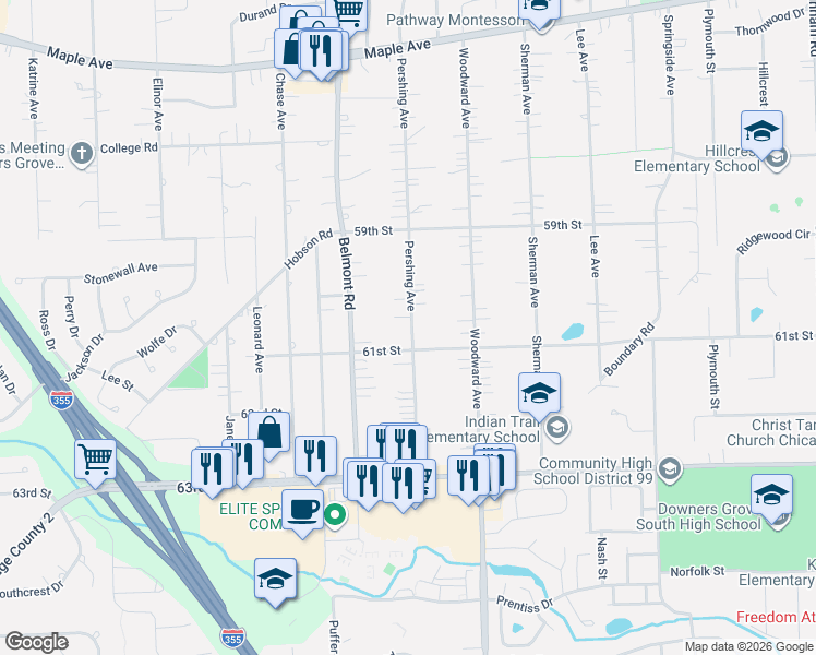 map of restaurants, bars, coffee shops, grocery stores, and more near 6060 Pershing Avenue in Downers Grove