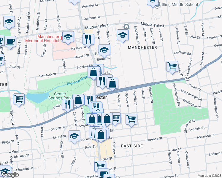 map of restaurants, bars, coffee shops, grocery stores, and more near 99 East Center Street in Manchester