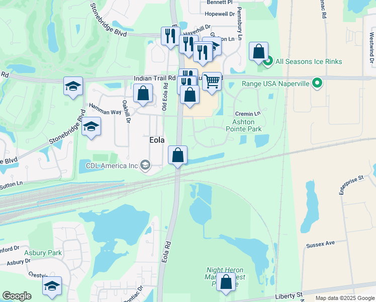 map of restaurants, bars, coffee shops, grocery stores, and more near 1062 Stamford Court in Aurora