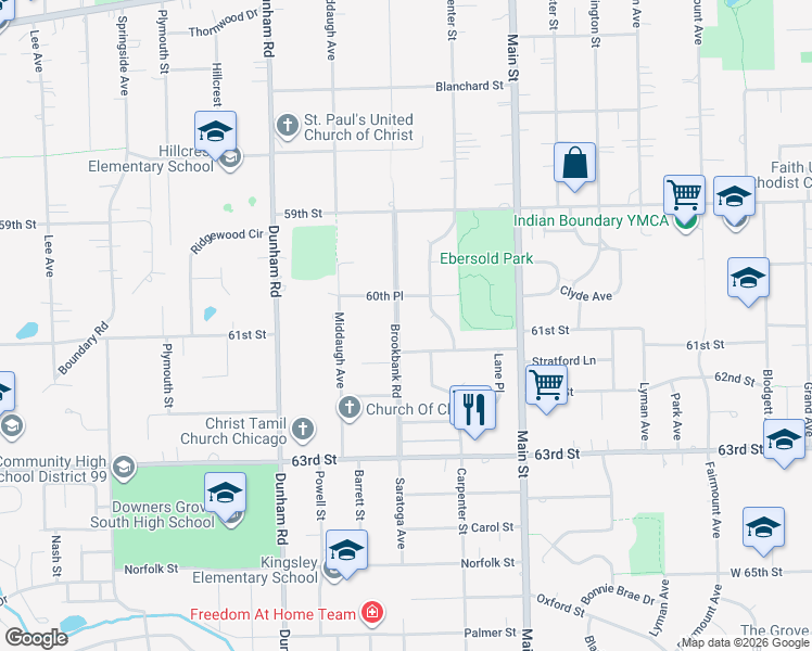 map of restaurants, bars, coffee shops, grocery stores, and more near 1120 61st Street in Downers Grove