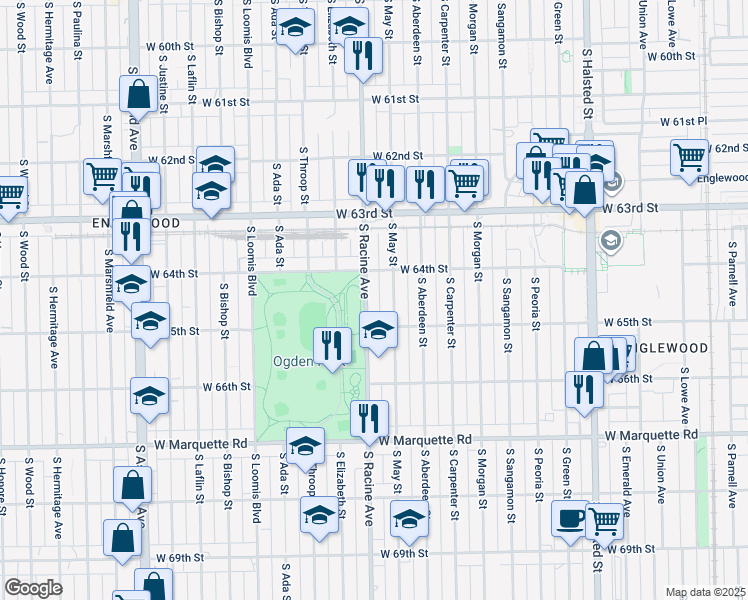 map of restaurants, bars, coffee shops, grocery stores, and more near 6441 South Racine Avenue in Chicago