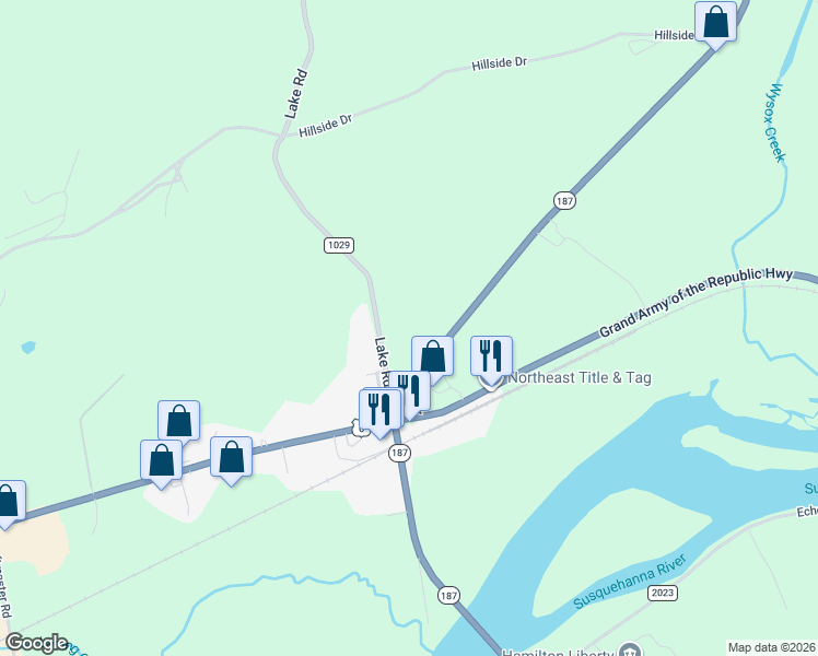 map of restaurants, bars, coffee shops, grocery stores, and more near 108 Lake Road in Wysox