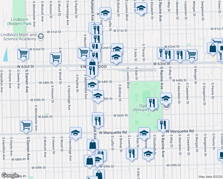 map of restaurants, bars, coffee shops, grocery stores, and more near 6439 South Laflin Street in Chicago