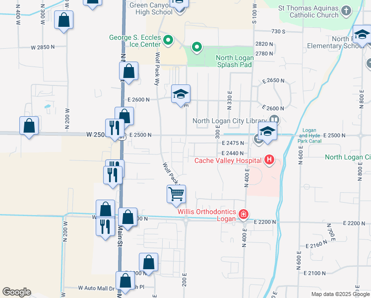 map of restaurants, bars, coffee shops, grocery stores, and more near 2452 North 200 East in North Logan