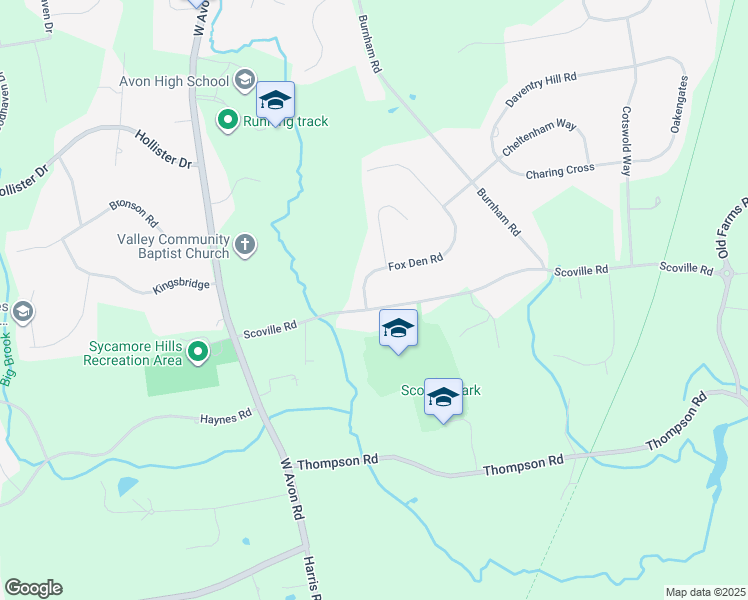 map of restaurants, bars, coffee shops, grocery stores, and more near 170 Scoville Road in Avon