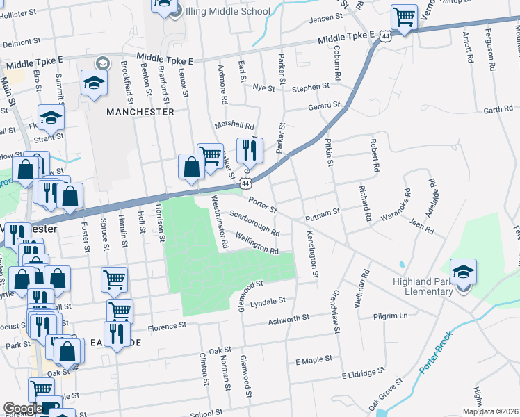 map of restaurants, bars, coffee shops, grocery stores, and more near 124 Porter Street in Manchester