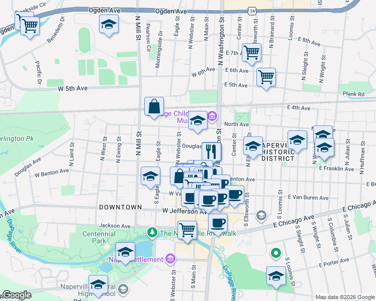 map of restaurants, bars, coffee shops, grocery stores, and more near 129 West Franklin Avenue in Naperville