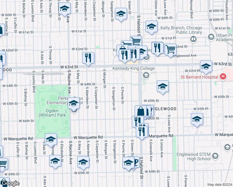 map of restaurants, bars, coffee shops, grocery stores, and more near 6447 South Sangamon Street in Chicago