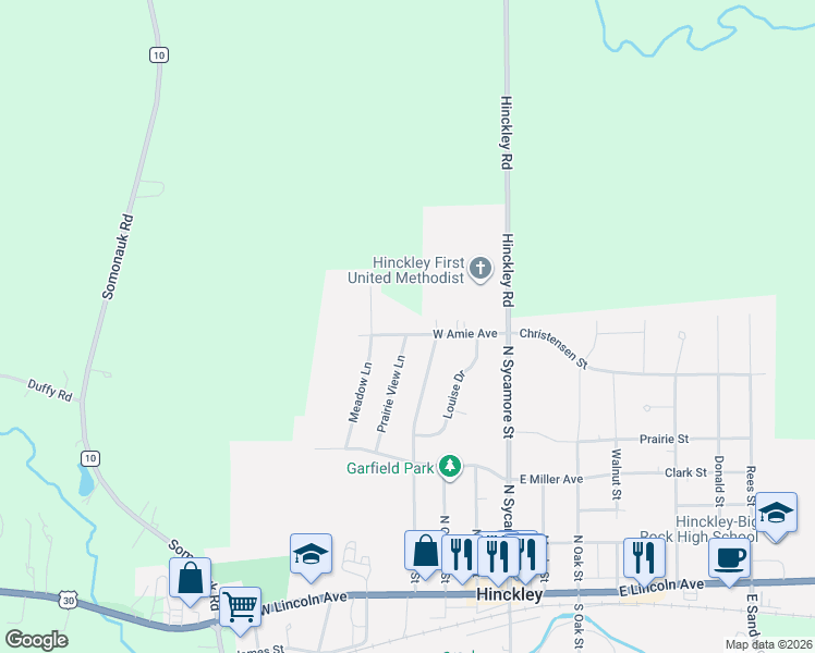 map of restaurants, bars, coffee shops, grocery stores, and more near 651 Prairie View Lane in Hinckley