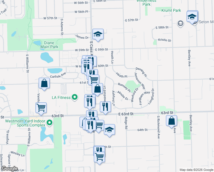map of restaurants, bars, coffee shops, grocery stores, and more near 1020 Ashford Lane in Westmont