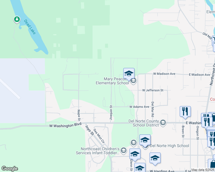 map of restaurants, bars, coffee shops, grocery stores, and more near 1720 Joaquin Street in Crescent City
